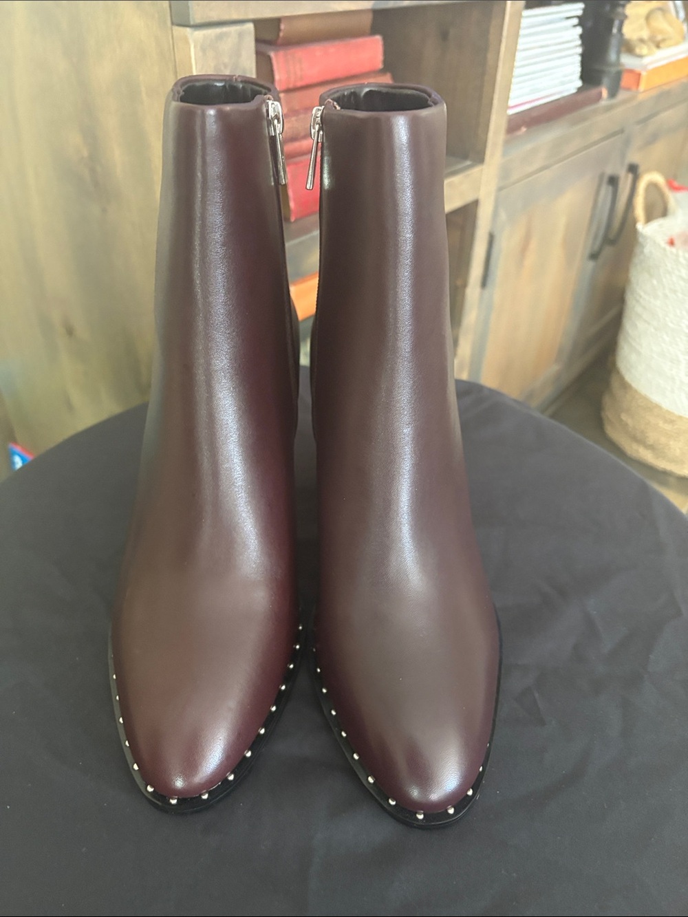Liverpool Burgundy Leather Ankle Booties with Studded Trim